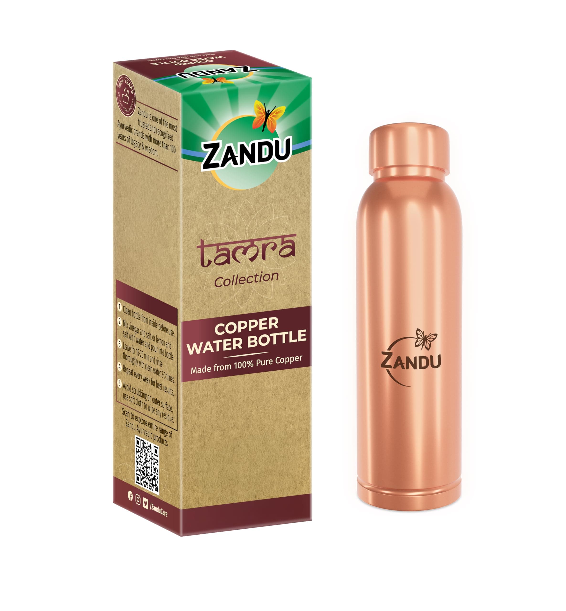 Zandu Copper Bottle (950ml): 100% Pure BPA-Free Water Bottle | Copper-Infused Water | Leak Proof | Office Use | Boosts Immunity | Supports Digestive & Liver Health | Ayurveda Inspired