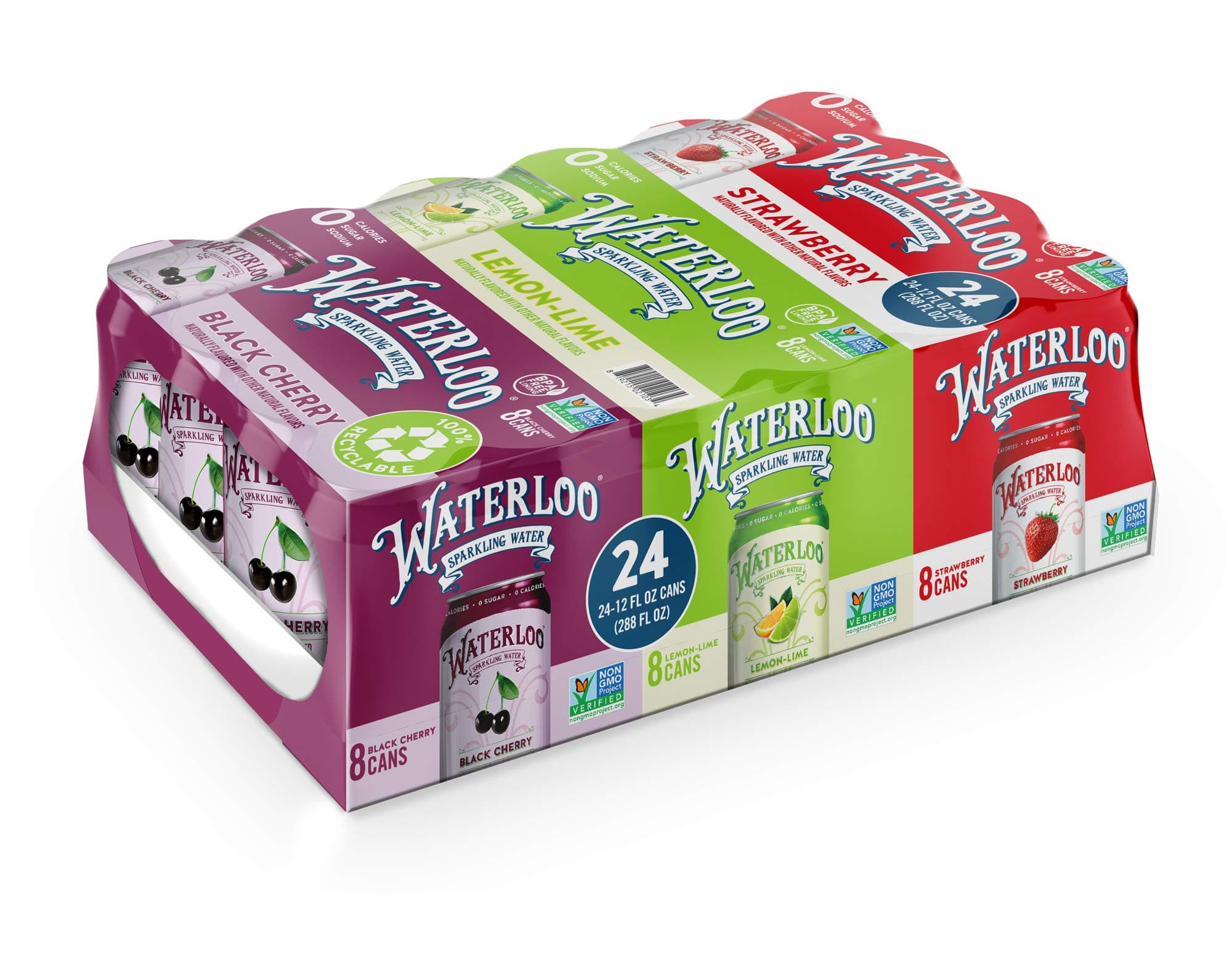 Waterloo Sparkling Water Variety Pack, 12 Fl Oz Cans, Pack of 24, 8 x Black Cherry, 8 x Lemon-Lime, 8 x Strawberry | Zero Calories | Zero Sugar or Artificial Sweeteners | Zero Sodium