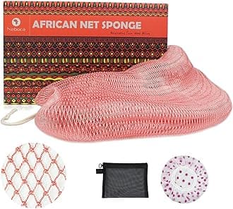 African Net Sponge Authentic African Exfoliating Net Sponge with Knots Real Sapo Sponge with Handles Afro Scrub Net Bath Cloth for Shower (Pink)