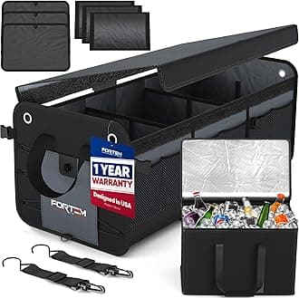 FORTEM SUV Trunk Organizer with Cooler, Car Organizer, Collapsible Multi-Compartment Storage Bag for Car Accessories for Women Men, 1680D Oxford, Non Slip Bottom, Adjustable Straps Soft Cover (110L)