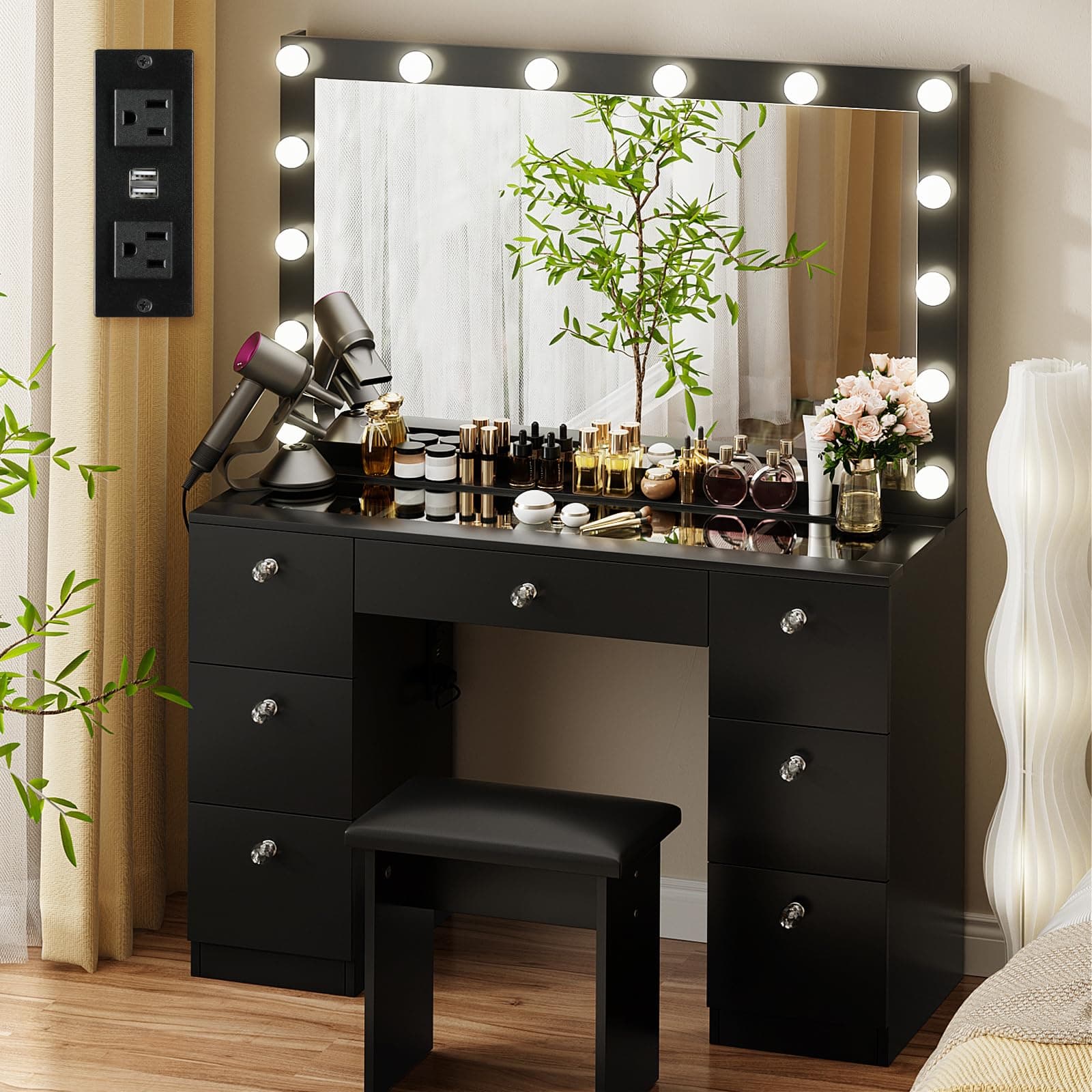 VOWNER Vanity with Lighted Mirror - Makeup Vanity Desk with Glass Top, 7 Drawers and Power Outlet, 3 Color Lighting Modes Adjustable Brightness, 44" Vanity Table with Stool for Women Girls, Black