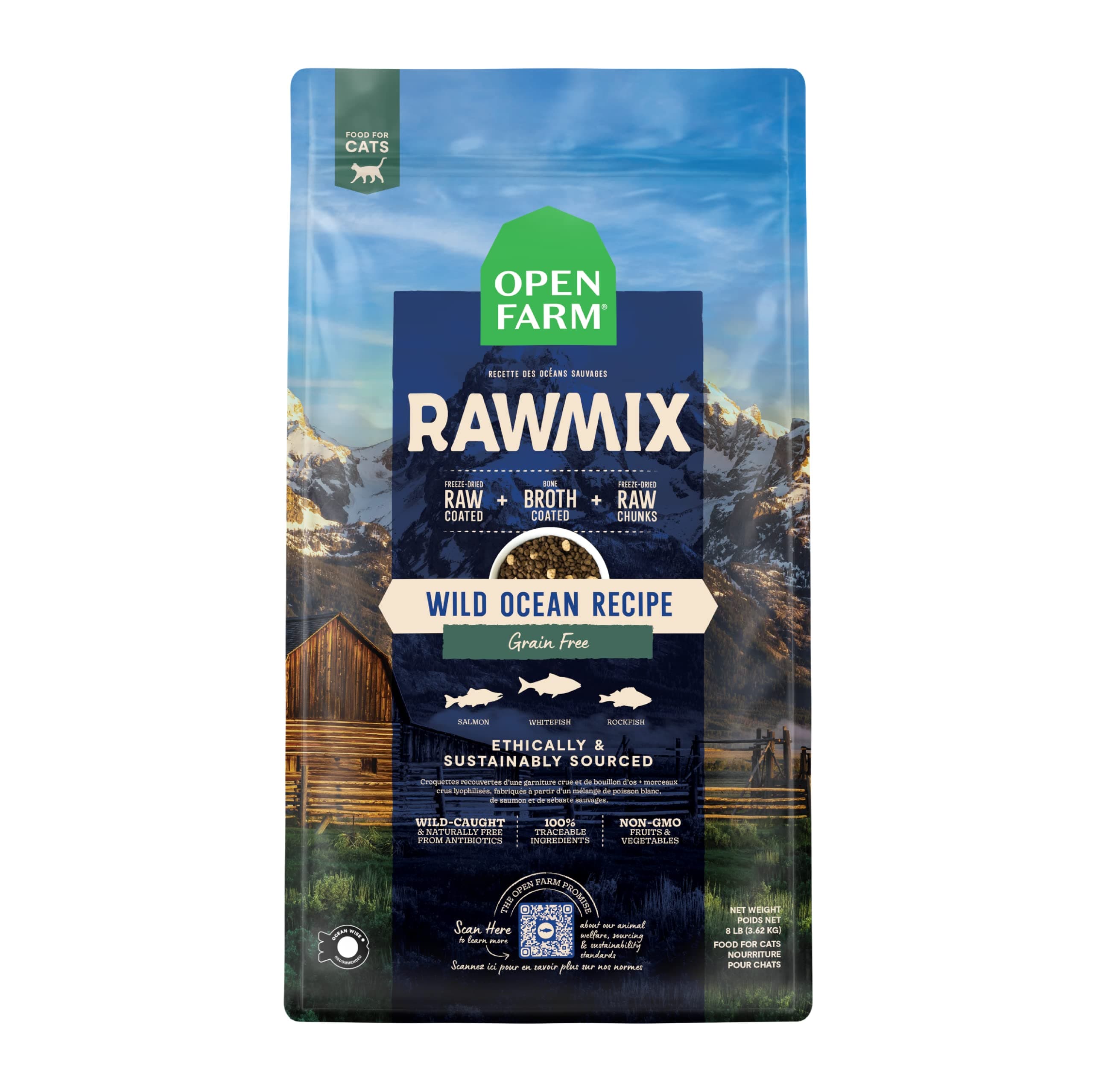 RawMix Dry Cat Food, Protein-Packed Kibble Coated in Bone Broth with Freeze Dried Raw Chunks, for Indoor & Outdoor Cats, Wild-Caught Whitefish, Salmon & Rockfish Recipe, 8lb Bag