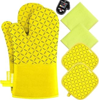 KEGOUU Oven Mitts and Pot Holders 6pcs Set, Kitchen Oven Glove High Heat Resistant 500 Degree Extra Long Oven Mitts and Potholder with Non-Slip Silicone Surface for Cooking (Yellow)