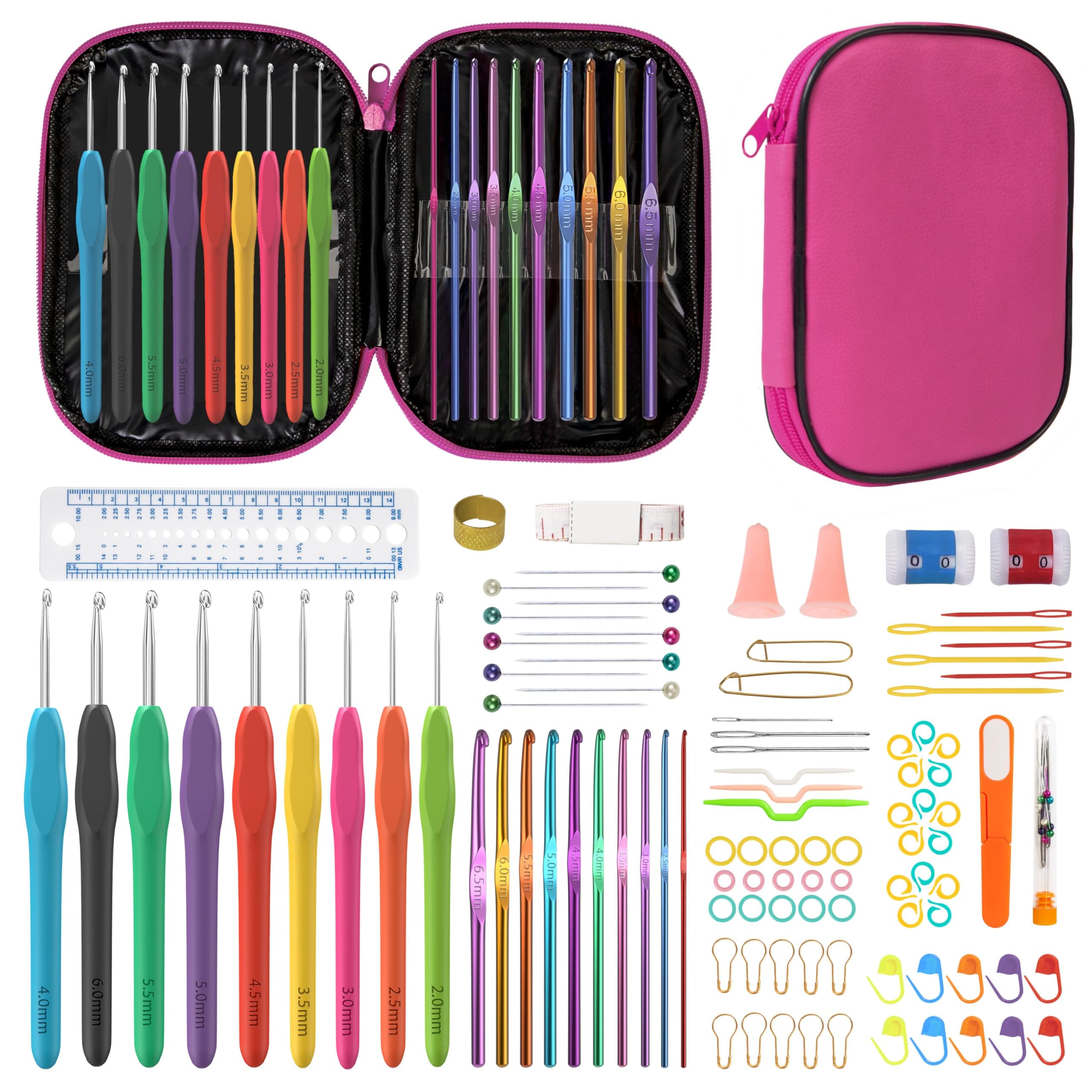 AFSTEE 97 Pcs Crochet Kit for Beginners, Crochet Hook Set Crochet Accessories Knitting Sewing Needles Tools with Crochet Bag, Pink