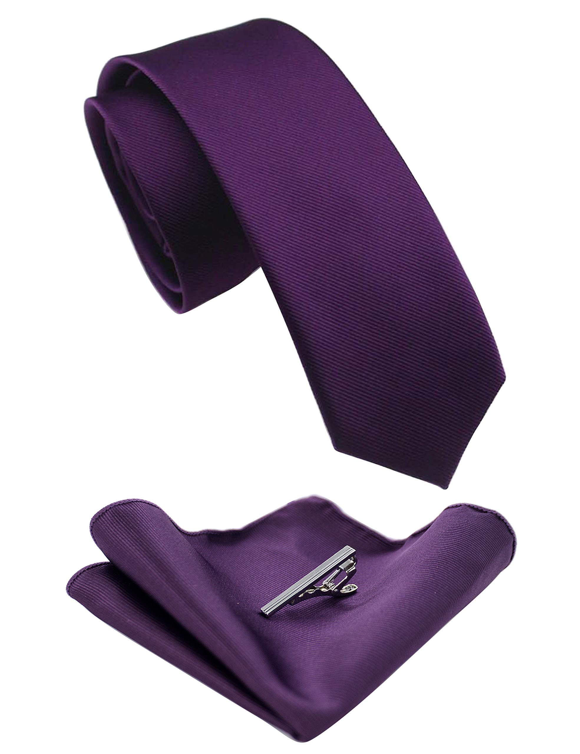 JEMYGINS 2.4" Solid Color Skinny Tie and Pocket Square with Tie Clip Sets for Men (6cm)