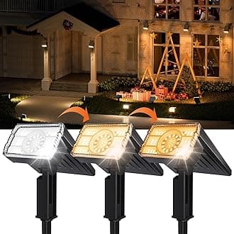 2-Pack Solar Lights Outdoor Waterproof IP67, 3 Color Modes (Warm/Cool White & Hybrid) with 3 Lighting Modes, 105° Adjustable Dusk to Dawn Solar Spotlights for Pathway/Garden/Yard Wall/Ground Lighting