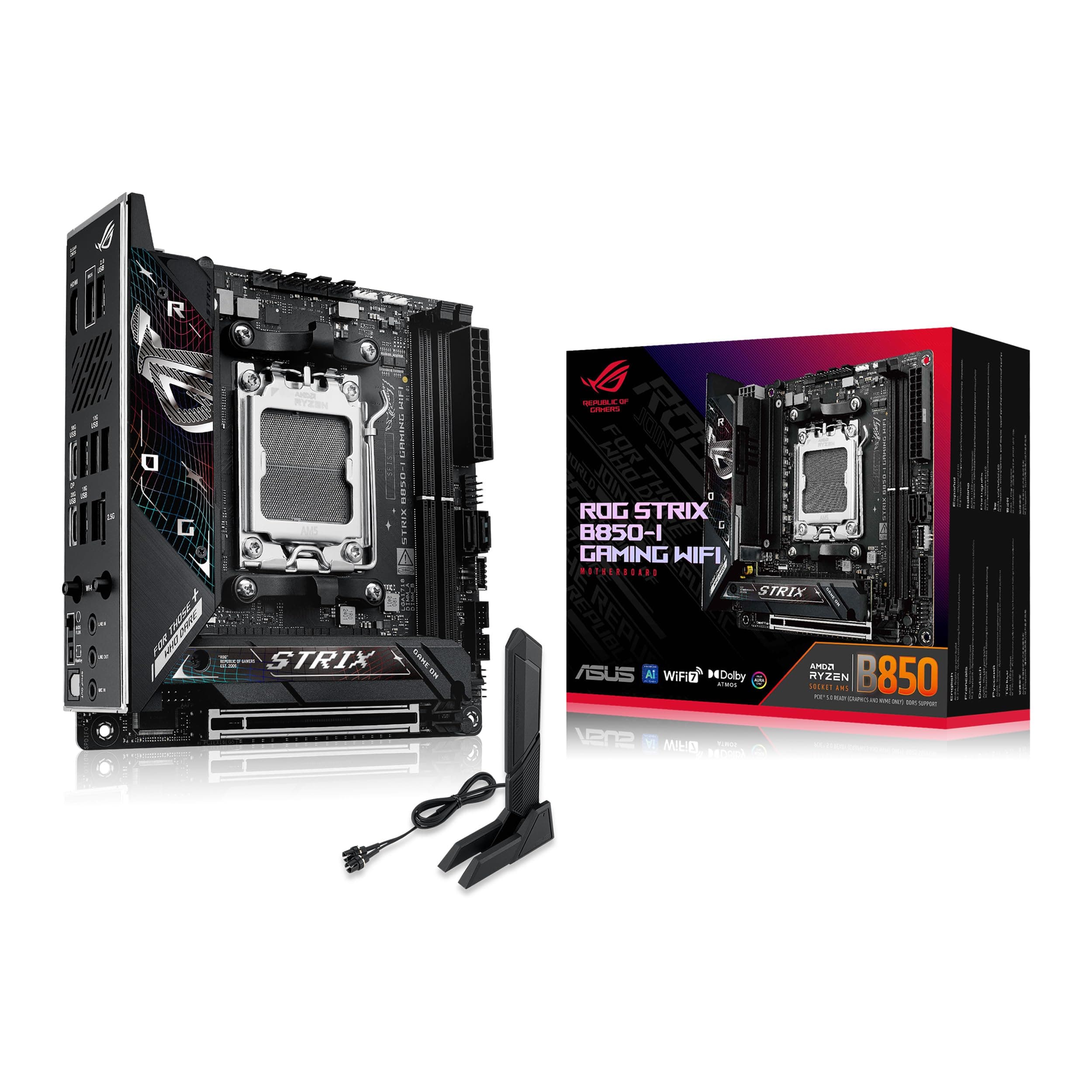 ASUS ROG Strix B850-I Gaming WiFi AMD AM5 B850 Mini-ITX mITX Motherboard 10+2+1 Stages, DDR5, 2.5G LAN, WiFi 7, 2X M.2, PCIe® 5.0 x16, USB 20Gbps Type-C®, AI Overclocking, AI Networking II, Aura Sync
