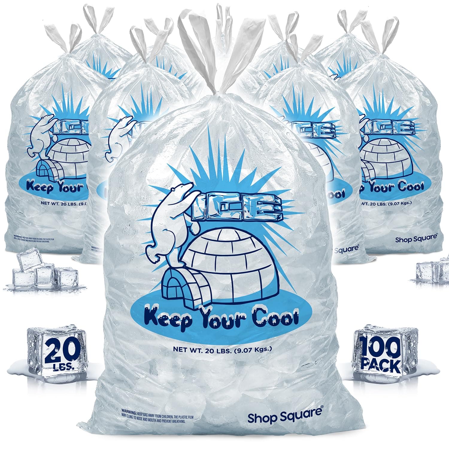 Ice Bags 20 lb with Drawstring - 100 Pack Ice Bags for Ice Machine, Heavy-Duty Reusable Ice Cube Bags, Plastic Bags for Ice, Ice Storage Bags for Freezers