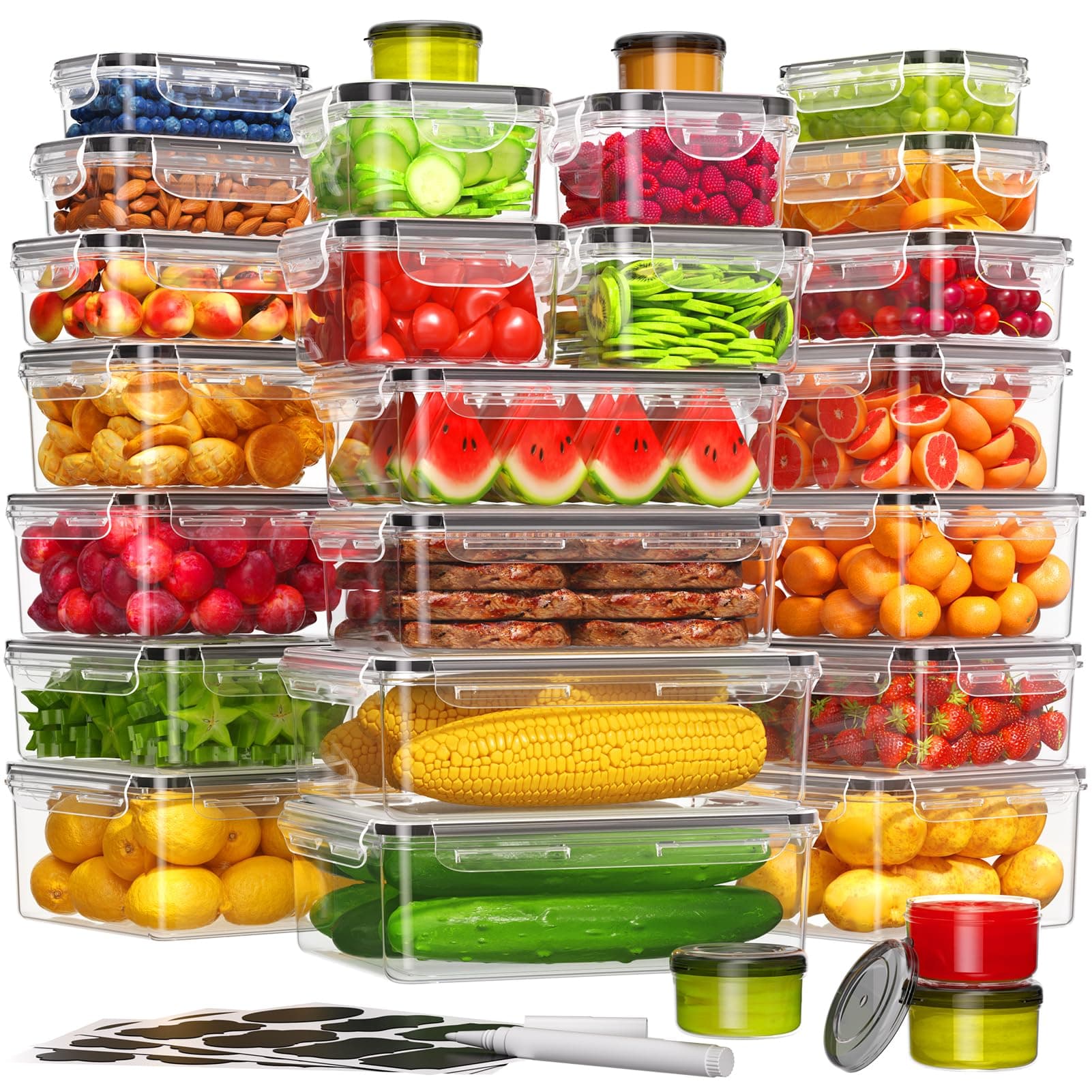 54-Piece Food Storage Containers with Lids(27 Containers & 27 Lids), Plastic Food Containers for Pantry & Kitchen Storage and Organization, BPA-Free, Leak Proof, Reusable with Labels & Pen