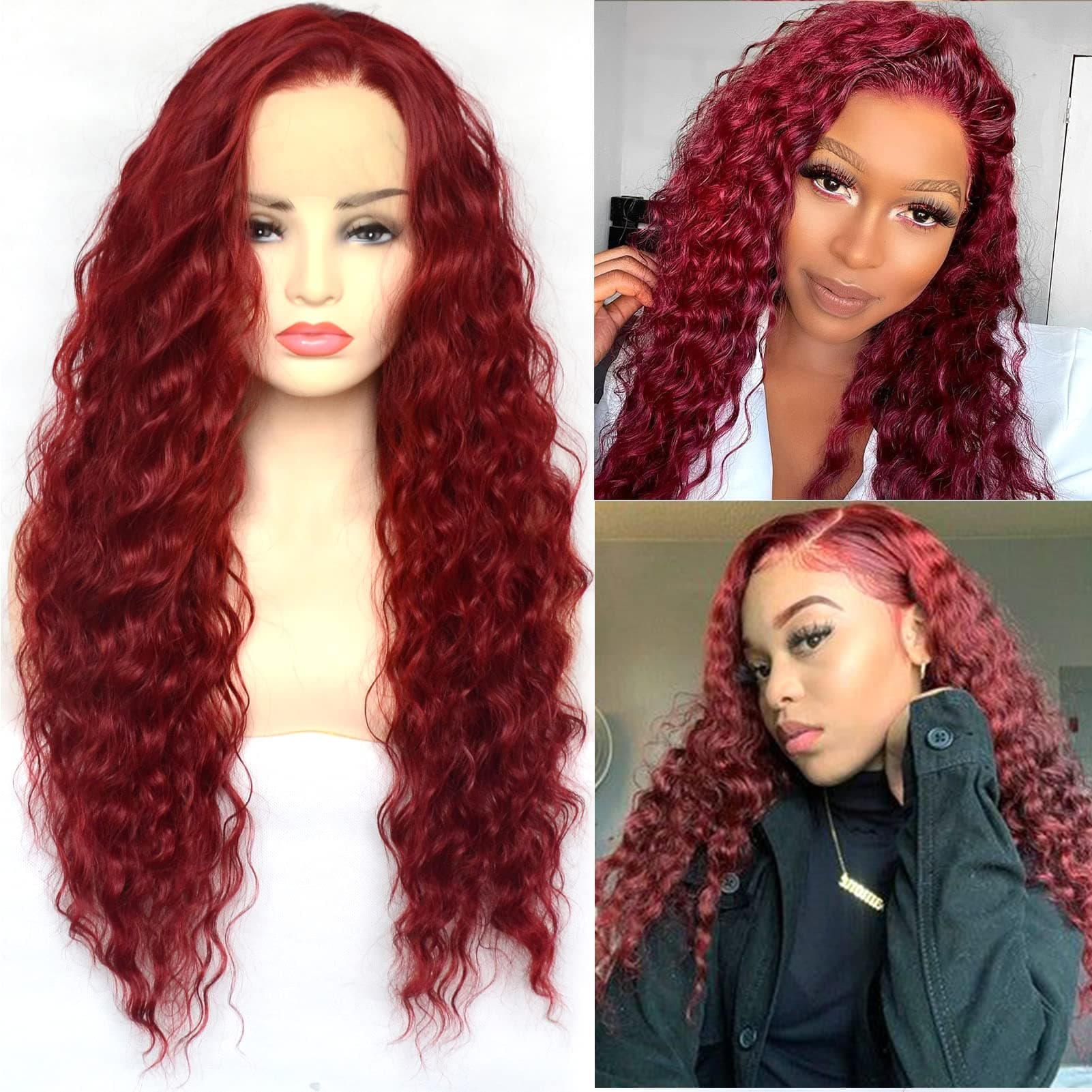 BLUPLE Red Lace Front Wigs Pre Plucked Long Curly Wavy Half Hand Tied Wine Red Synthetic Hair Replacement Wigs for Women Party Show (22 Inch, Curly,Red)