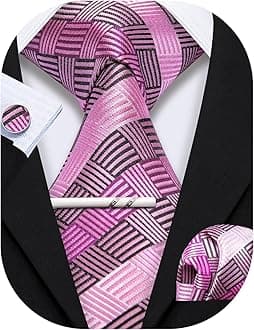 YOHOWA Men Plaid/Striped Ties Set Silk Business Wedding Formal Fashion Necktie and Pocket Square Cufflinks Set, A Pink, One Size
