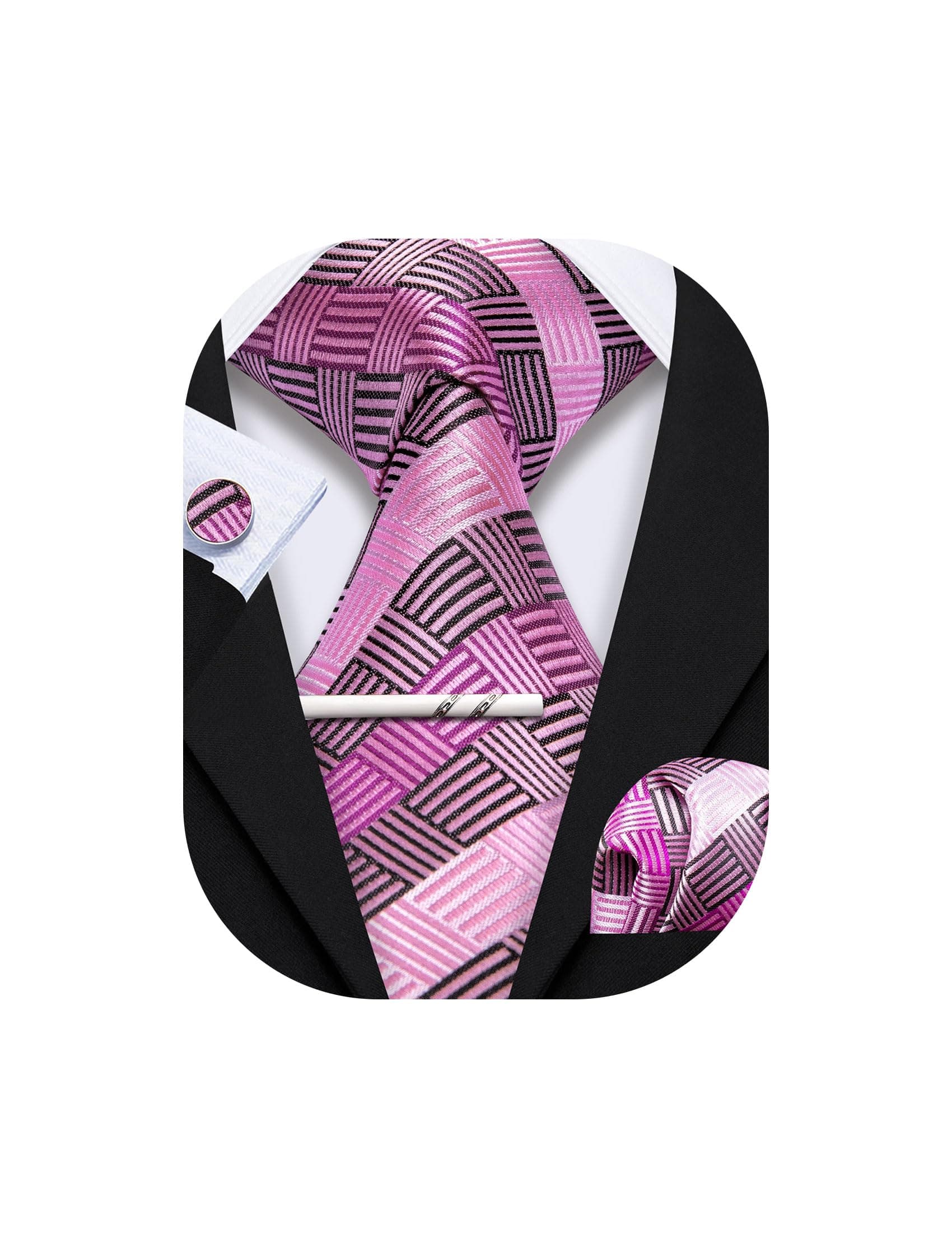 Check Tie Set Men Pocket Square Cufflinks Silk Plaid Business Tie Wedding Fashion