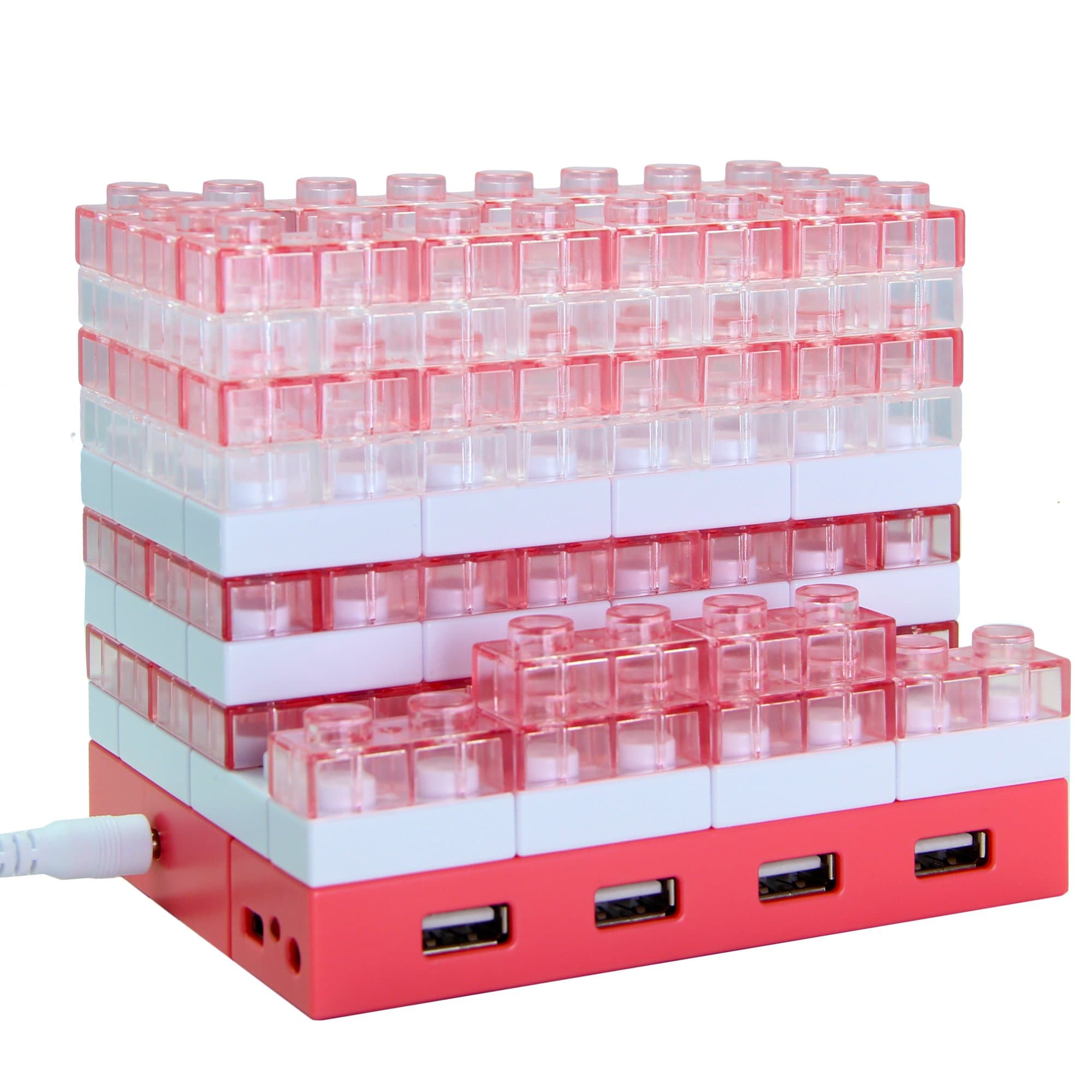 5-in-1 Large Brick Pen Holder / Phone Stand with 4 Port USB 2.0 Hub, Lighting Effect, Memo Board (Pink)