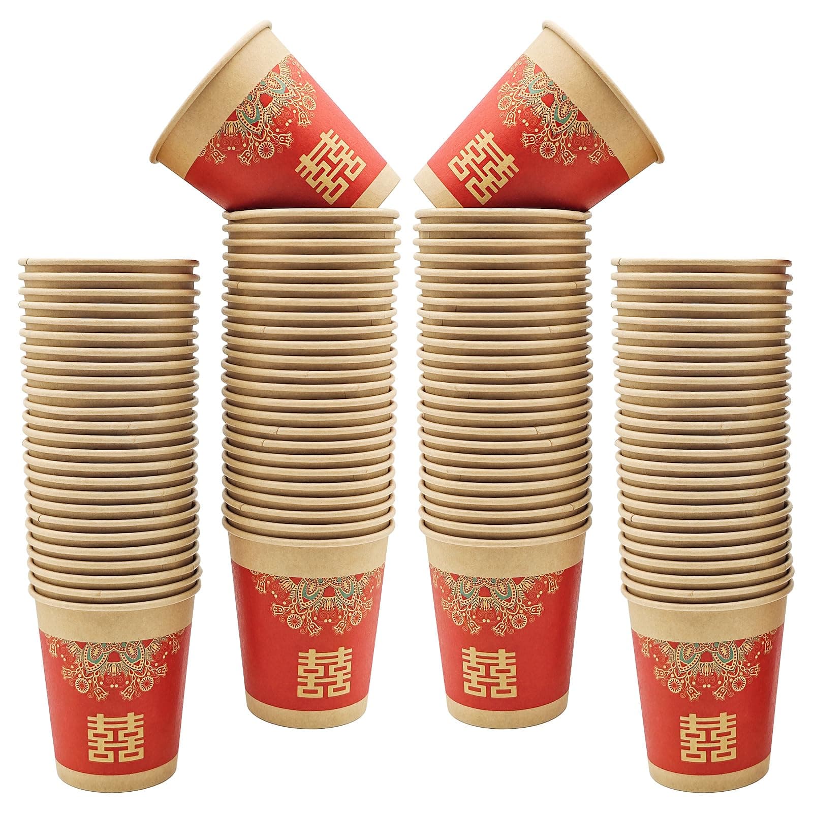 Generic 100PCS Chinese Wedding Paper Coffee Cups Thicken Hot Paper Cup Tea Cups for Hot Cold Drinks, Double Happiness Paper Cups Red Paper Cups for Chinese Wedding Party