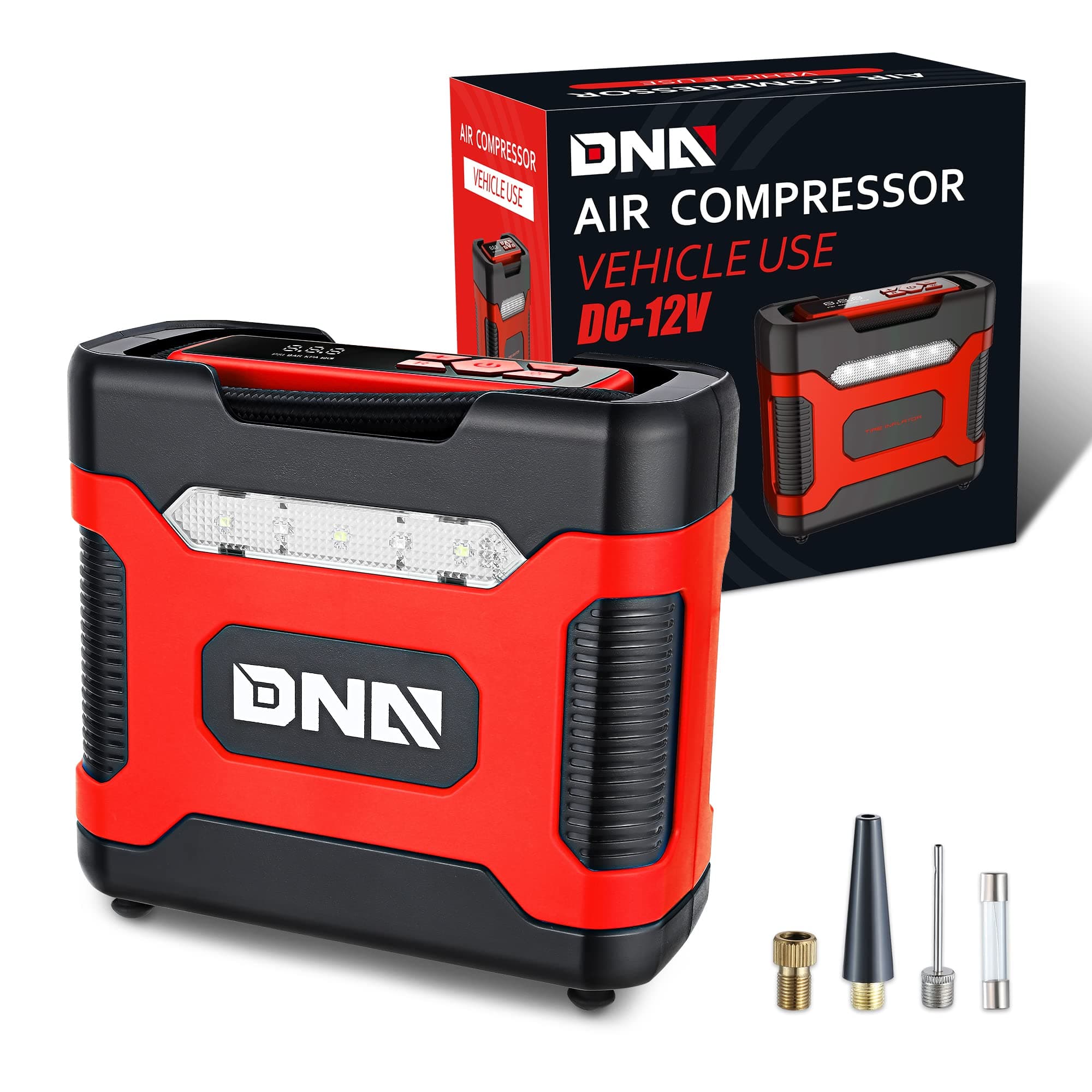 DNA Motoring TOOLS-00210 Red 12V DC Digital Tire Inflator Portable Air Compressor with Pressure Gauge for Cars, Bicycles, Motorcycles,Balls