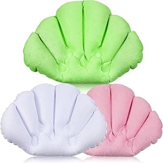 3 Pieces Inflatable Bath Pillow with Suction Cups, Terry Cloth Covered Shell Shape Bathtub Spa Pillow Comfortable Soft Cushion, Neck Support(Pink, Green, White)