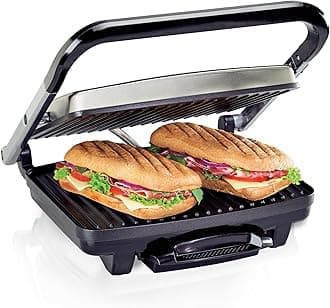 Hamilton Beach Panini Press, Sandwich Maker & Electric Indoor Grill, Upright Storage, PFAS-Free Nonstick Easy Clean Grids, Stainless Steel (25410)