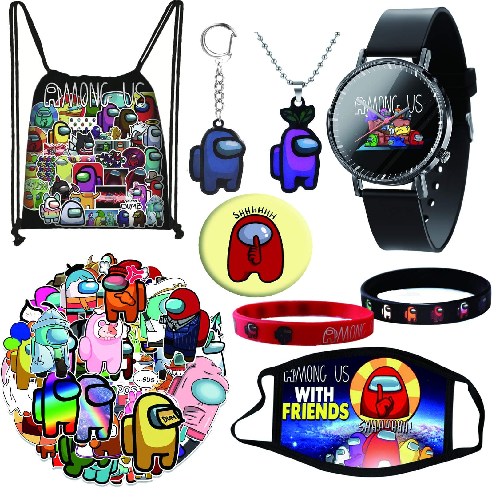 Among Game Us Drawstring Bag Gifts Set for Fans, Including Drawstring Bag, Watch, Badge, Face Protection, 50Pcs Stickers, Necklace, Bracelet, Keychain