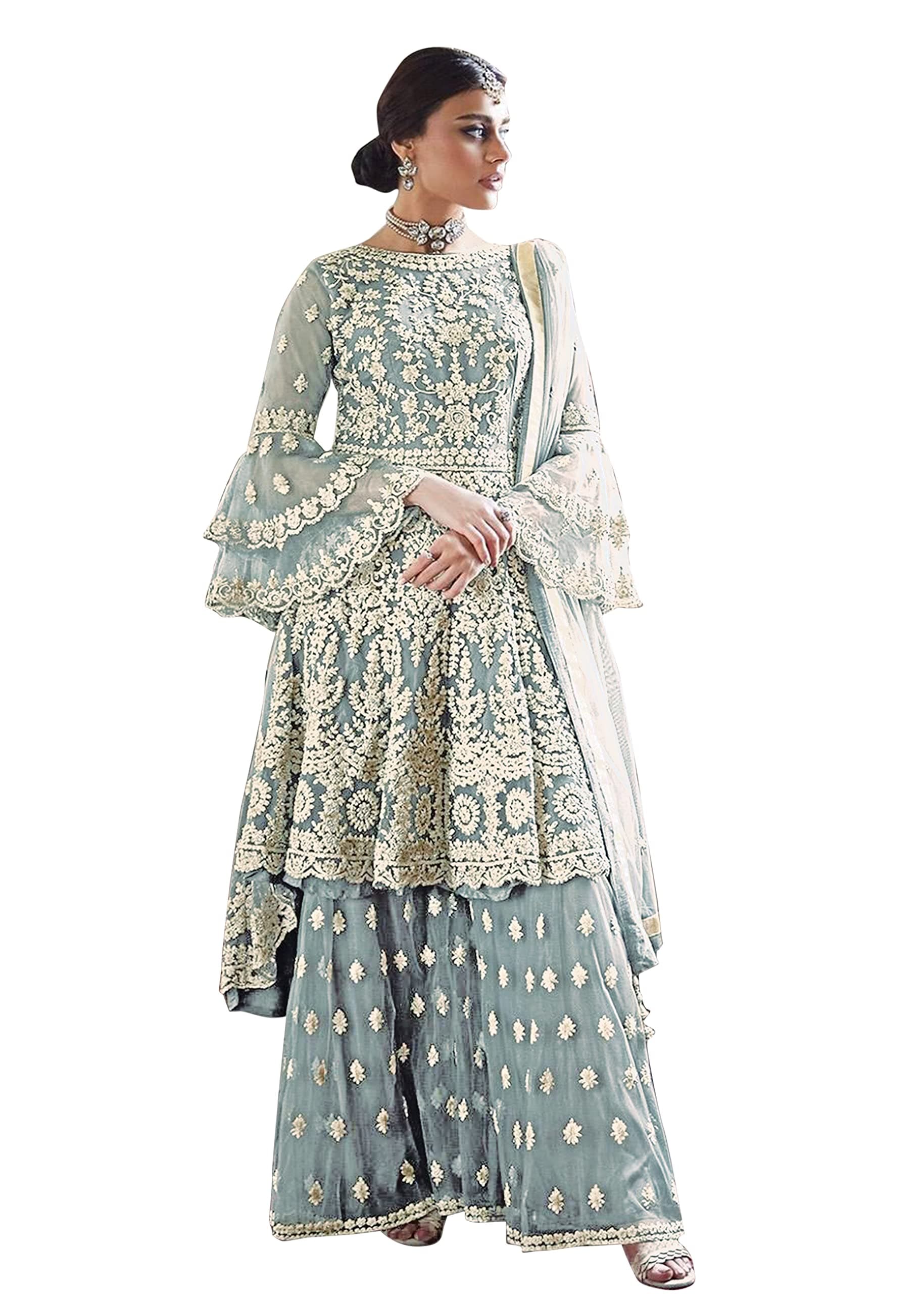 Women's Beige Net Semi Stitched Top With Stitched Net Bottom and Net Dupatta Embroidered Flared Top Dress Material (Kurta Palazzo Set) (D-1027)_Free Size