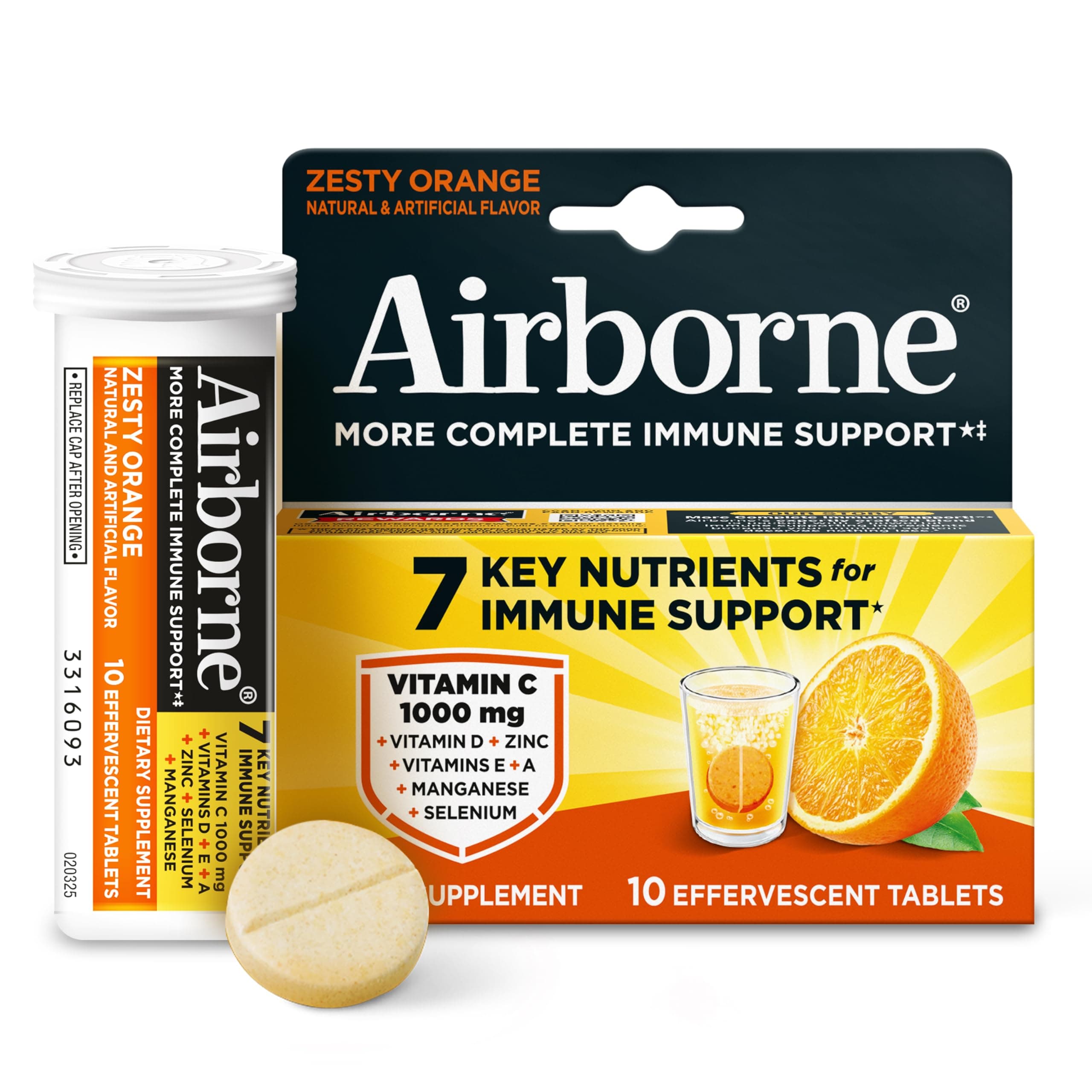 Immune Support Effervescent Tablets, Zesty Orange Flavor - 10ct with 1000mg Vitamin C + Vitamins A, D, E, Zinc, Selenium, Manganese & Herbal Blend - Sugar‑Free, Gluten‑Free
