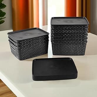 Kuber Industries 9 Pcs Stackable Plastic Storage Box with Lid | H3 Multi-Purpose Basket for Storage - Ideal Home Organizers for Baby Dress, Stationary, Medicine & Pooja Items | Black