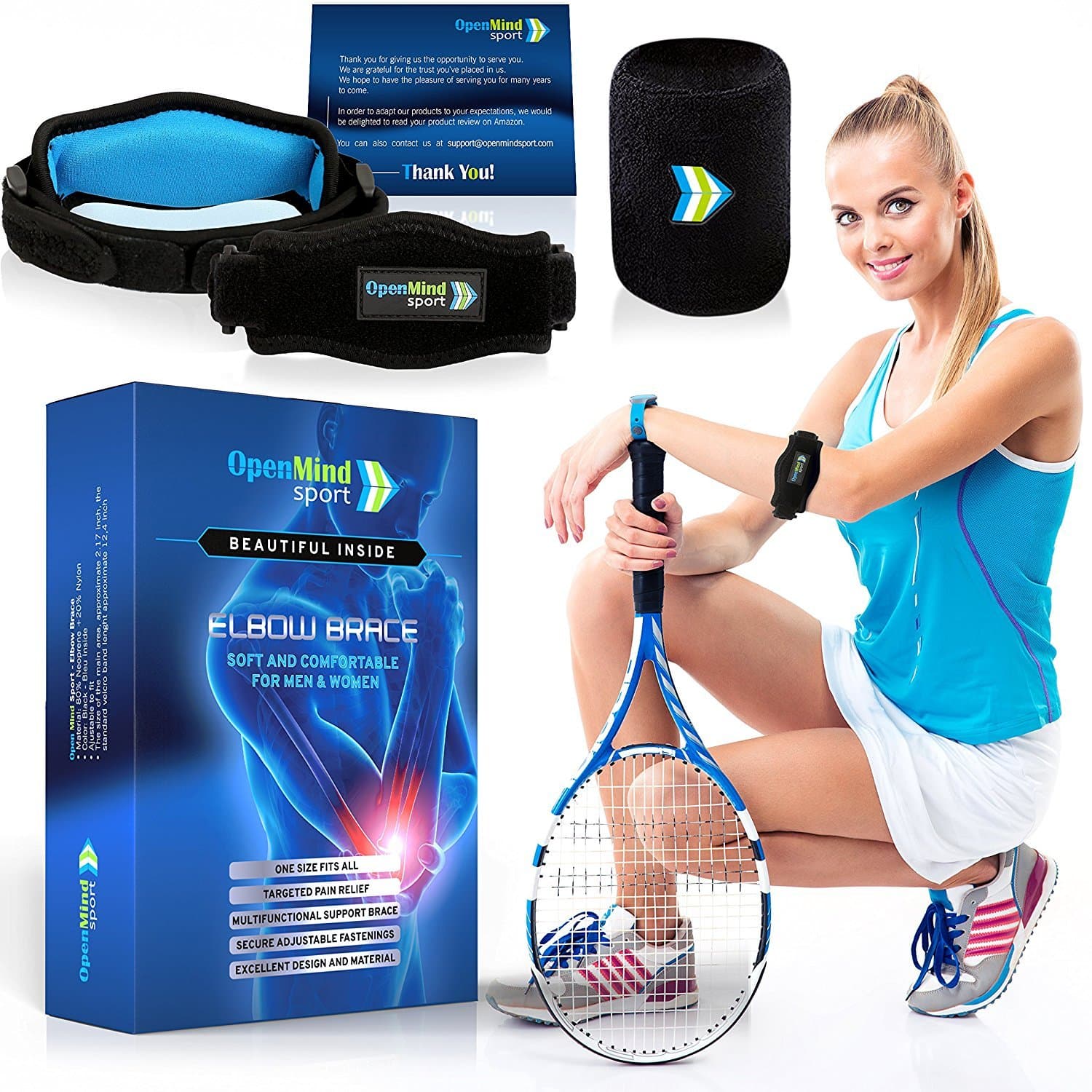 Tennis Elbow Brace – Elbow Brace with Compression Pad for Men & Women, Pain Reliever for Lateral Epicondylitis, Golfer’s Tennis Elbow + Sports Wristband by Open Mind Sport + eBook with Tips & Tricks