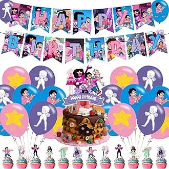 ALREMOSteven Universe Party Decorations,Cute Cartoon Movie Birthday Party Supplies Includes Banner - Cake Topper - 12 Cupcake Toppers - 18 Balloons