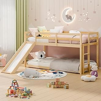 MU Low Bunk Bed with Slide, Twin Over Twin Bunk Bed, Solid Wood Bed Frame with Climbing Ladder & Safety Guard Rail, Floor Loft Bed with Storage Space for Kids Toddler, Natural Wood