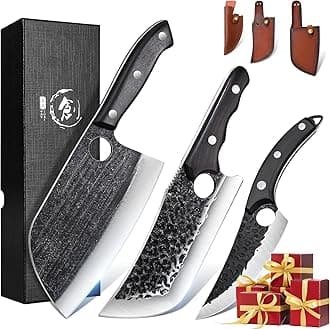 TIJERAS Butcher Knife Set, 3PCS Hand Forged Meat Cleaver, Serbian Chef Knife, Viking Knives with Sheaths, Meat Cutting Chef Knives Set for Kitchen Camping BBQ, Gifts for Men and Women