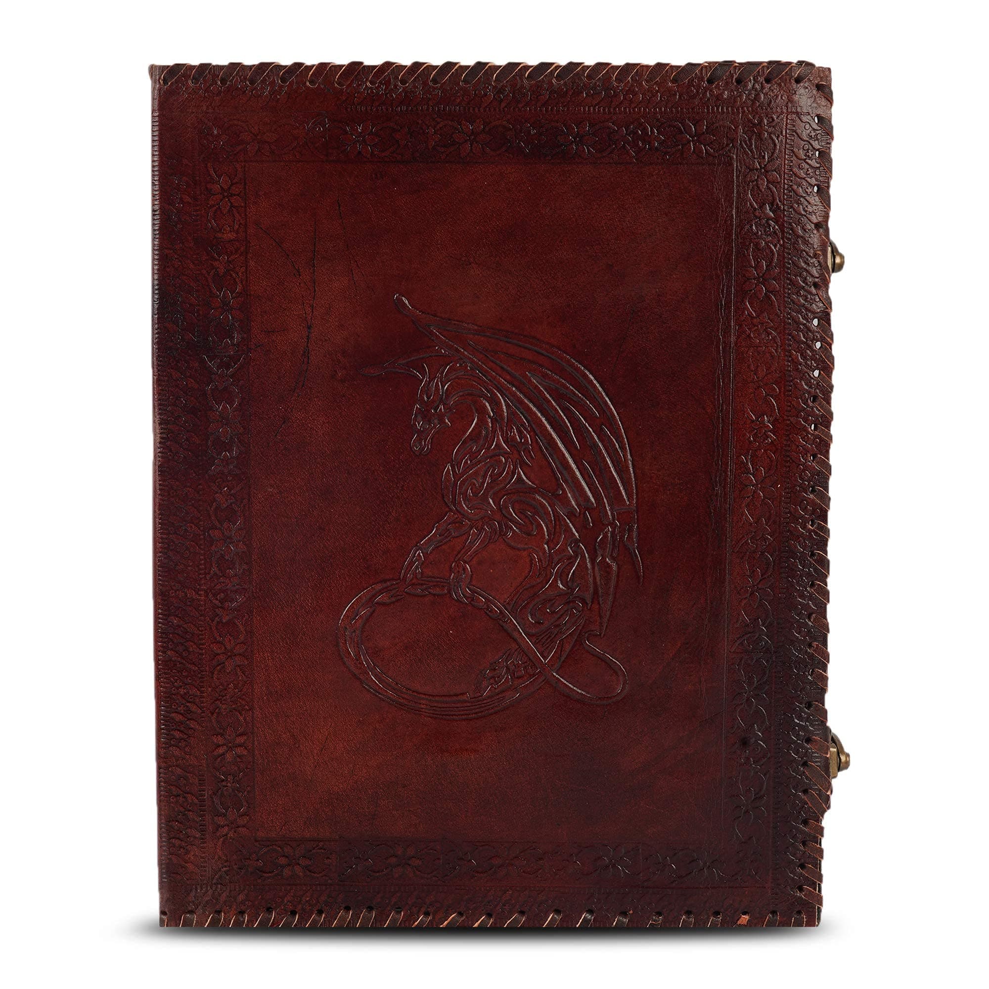Wellbourne Leather Bound File Folder Portfolio A4 Handmade Expandable Resume Padfolio Embossed with Moon Dragon Document Organizer for Office - Brown (10x13 inches)