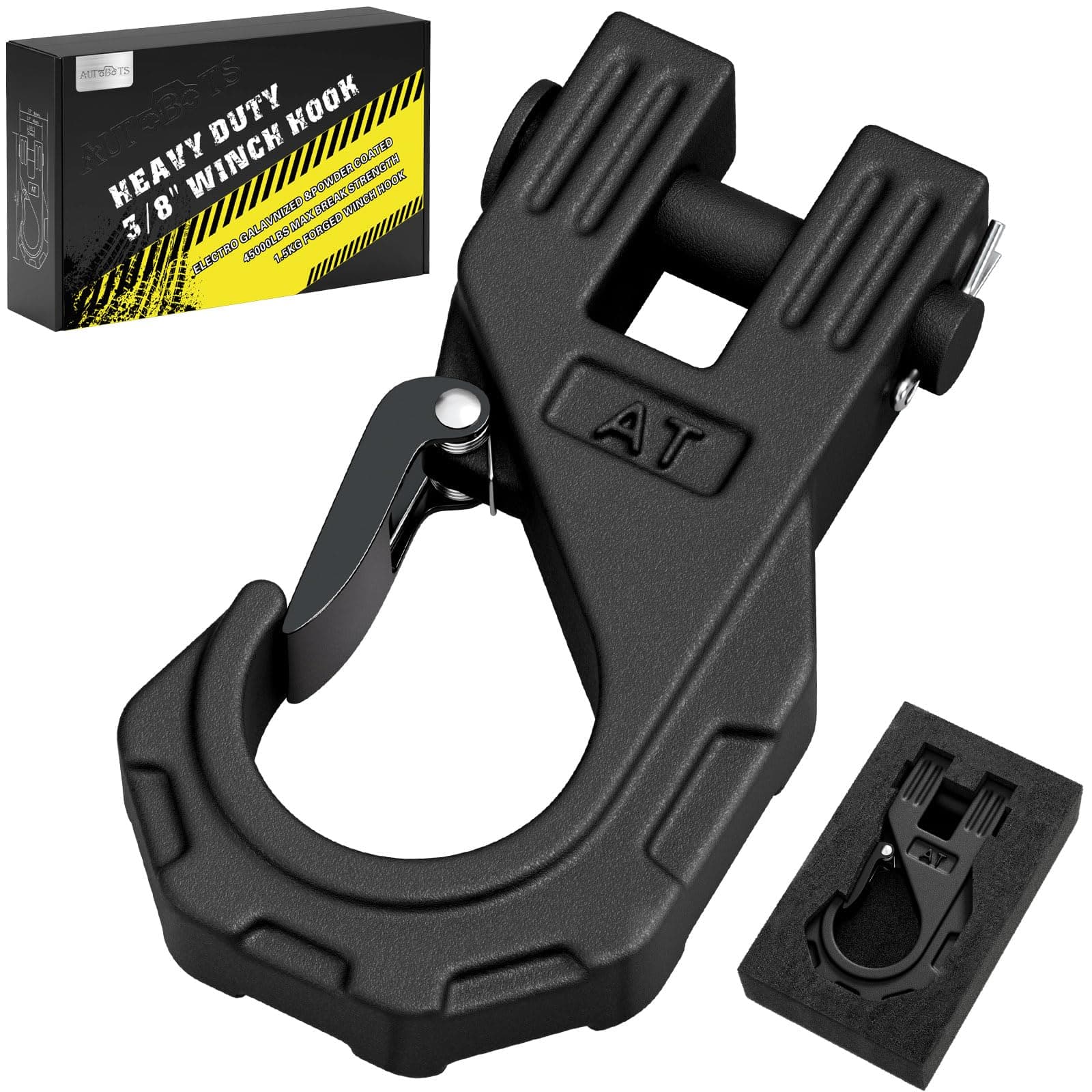 3/8" Winch Hook Heavy Duty, Max 20 Ton (45,000 Lbs), Forged Steel ATV Winch Hook with Safety Latch, Tow Hook for Synthetic Rope Winch Cable ATV UTV Black