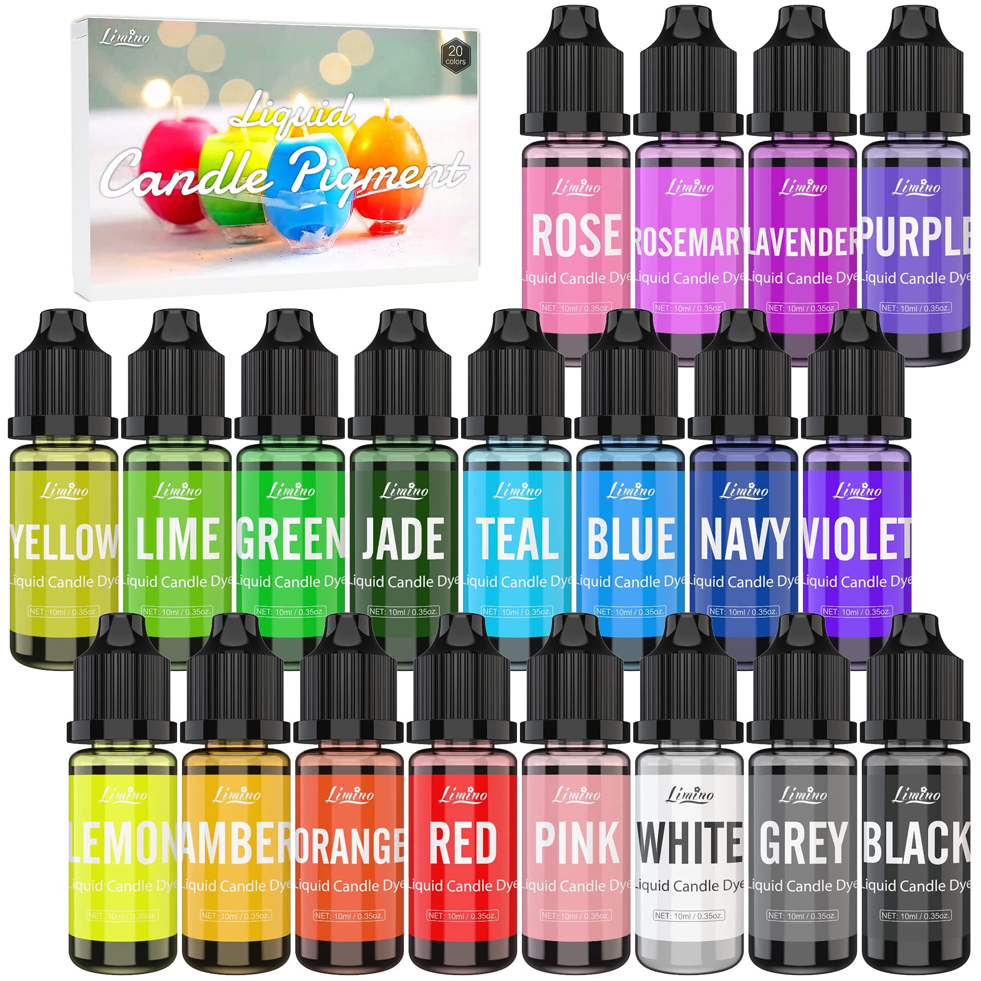 Candle Dye - 20 Color Liquid Wax Dye for DIY Making, High Concentration Color for Soy, Gel, Paraffin Wax - 10ml Each