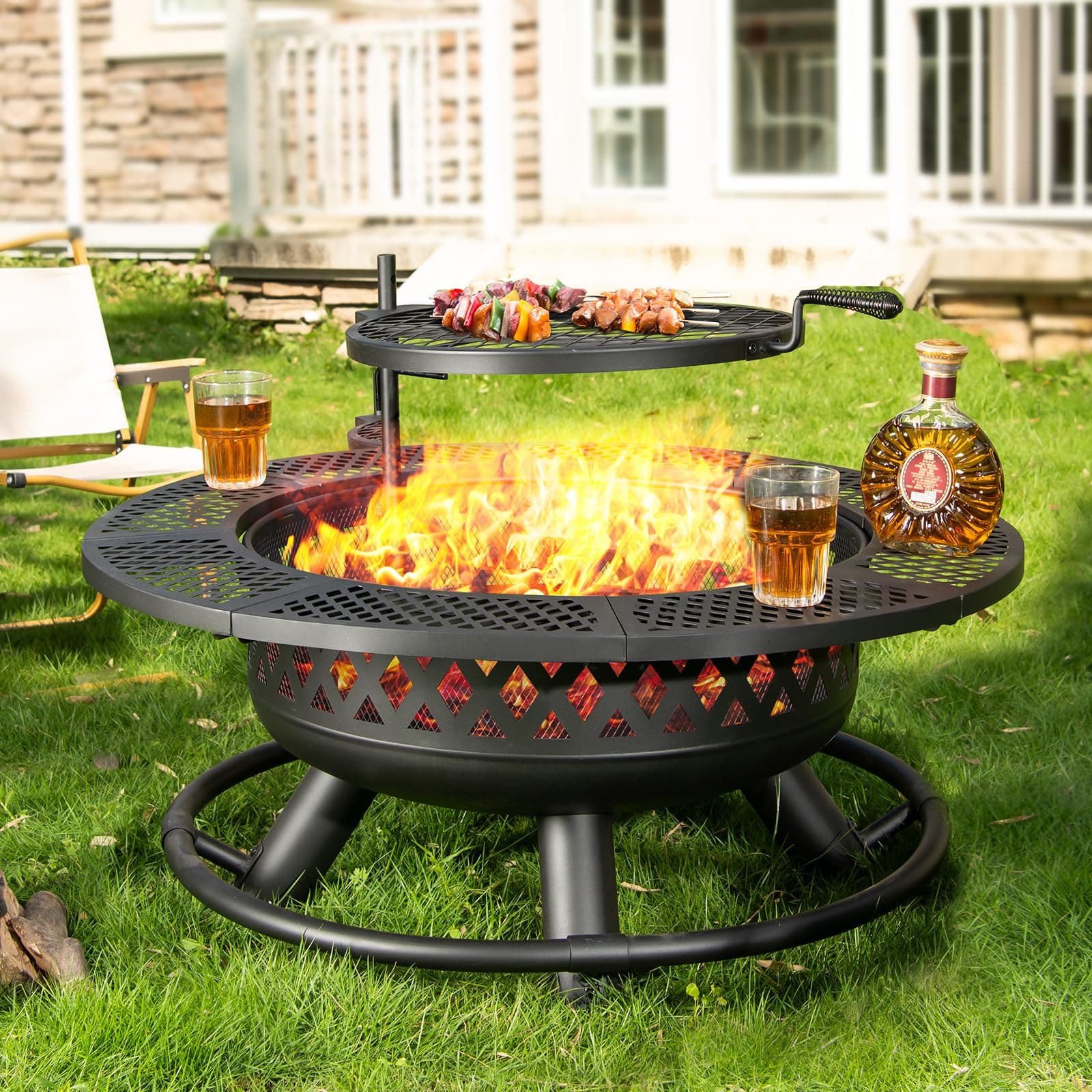 36 Inch Fire Pit with Grill, Wood Burning Fire Pits for Outside with Lid& Fire Poker, Round Metal Fire Pit Table 3 in 1 with Cooking Grate,Outdoor Fire Pit for Yard Patio Bonfire Camping,Black