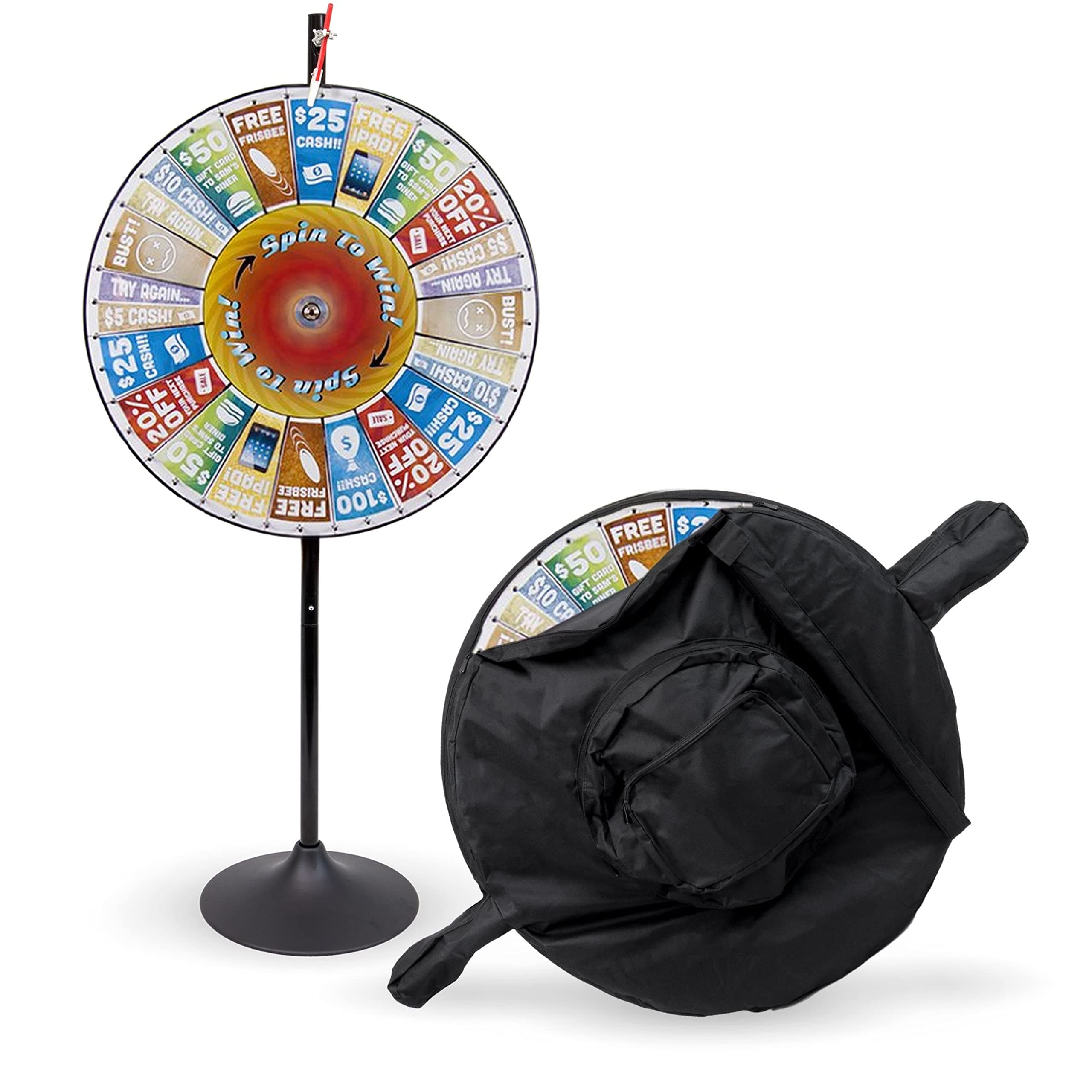 36" Customizable Prize Pocket Insert Spinning Prize Wheel with Premium Protective Carry Bag Case, Extension Base, Extension Pole