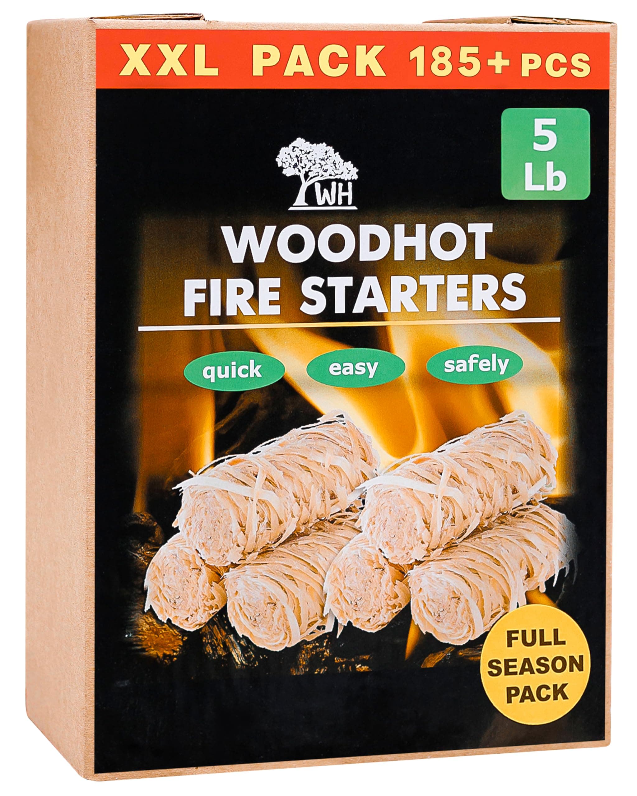 185 pcs Natural Fire Starters for Campfires & Grill - 5lb Large Box - Long-Burning Charcoal Starters - Odorless Firestarters for Outdoor Fire Pit, Fireplace - Quick Ignite