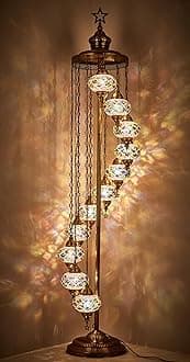 11 Globe Turkish Moroccan Mosaic Floor Lamp, 7ft Tall - Tiffany Style Standing Decorative Boho Lamp with Colorful Globes for Bedroom, Living Room, Entryway – Handmade in Turkey, Multicolor