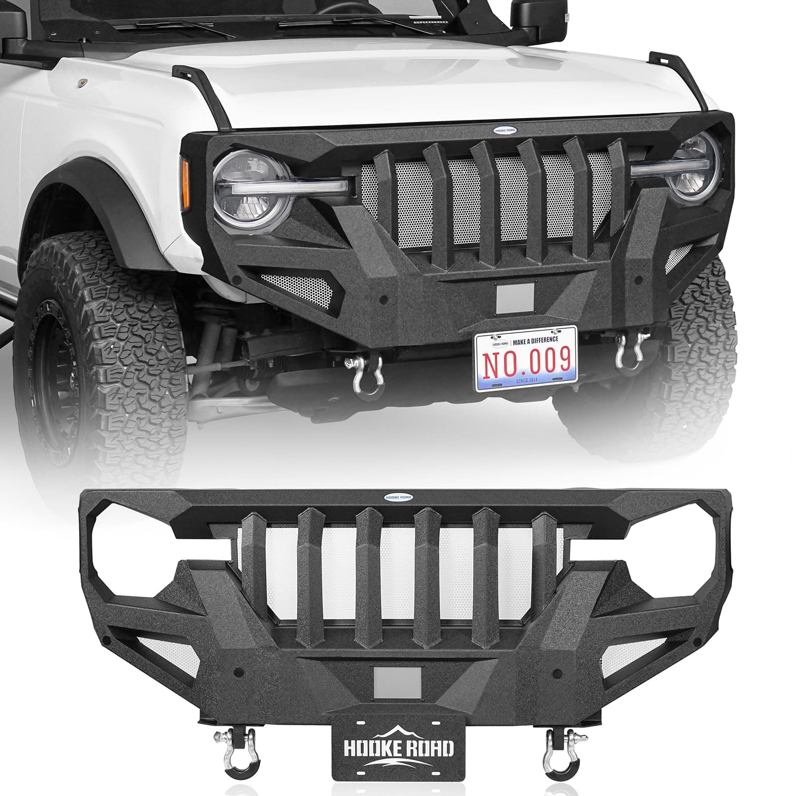 Hooke Road Bronco Mad Front Bumper Grill w/D-Rings for 2021 2022 2023 2024 Ford Bronco 2/4 Doors (Exclude Bronco Sport & Raptor), Steel Offroad Bumper w/Sensor Holes & License Plate Mount