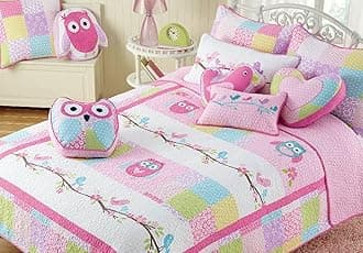 Cozy Line Home Fashions Cute Owl Pink Blue Green Embroidery 100% Cotton Reversible Girl Bedding Quilt Set, Coverlet, Bedspreads (Pink Owl, Queen - 3 Piece)