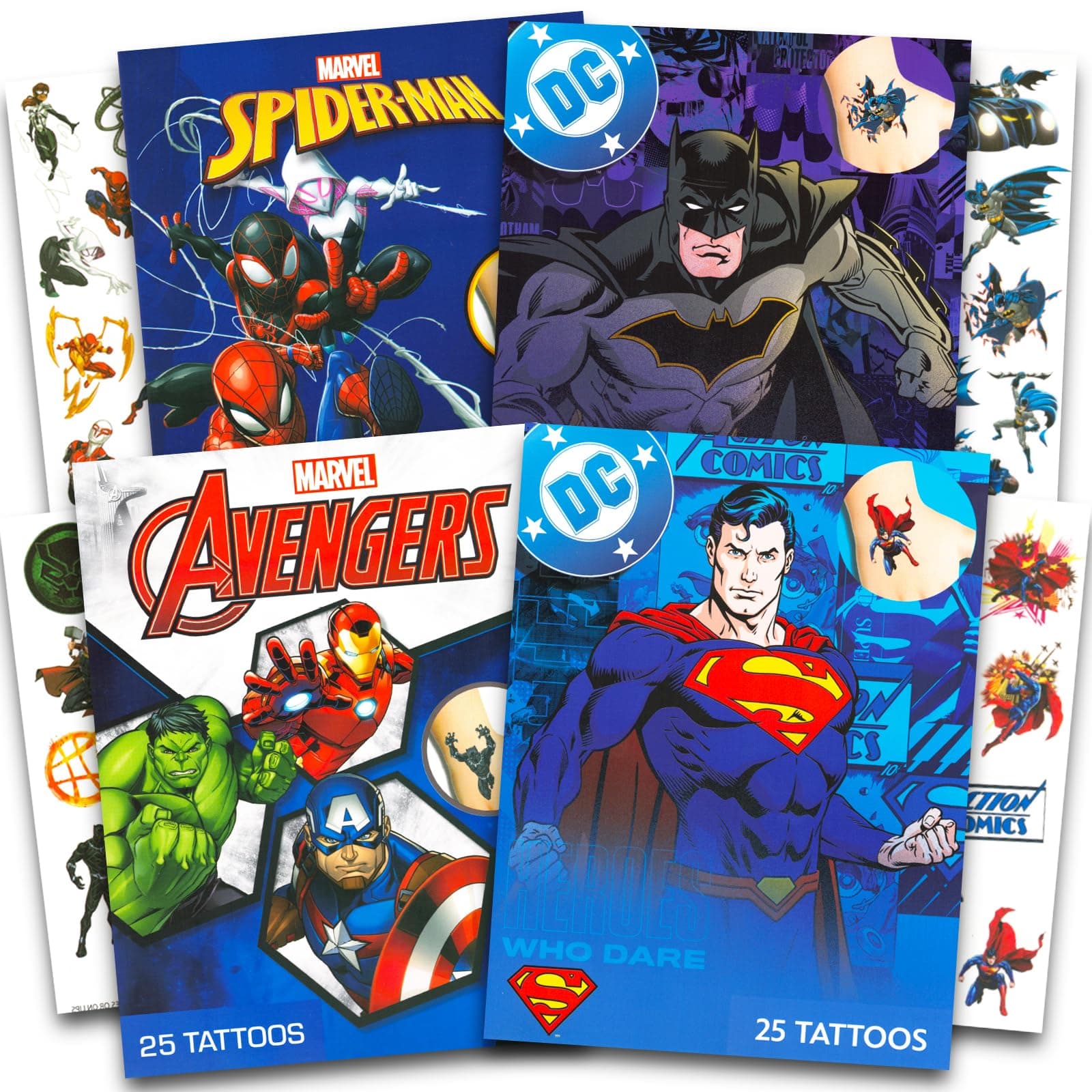 Superhero Tattoos for Kids Bundle ~ 100 Pcs Marvel and DC Super Hero Temporary Tattoos for Boys Girls | Spiderman Avengers Superman Batman Superhero Party Favors Party Supplies