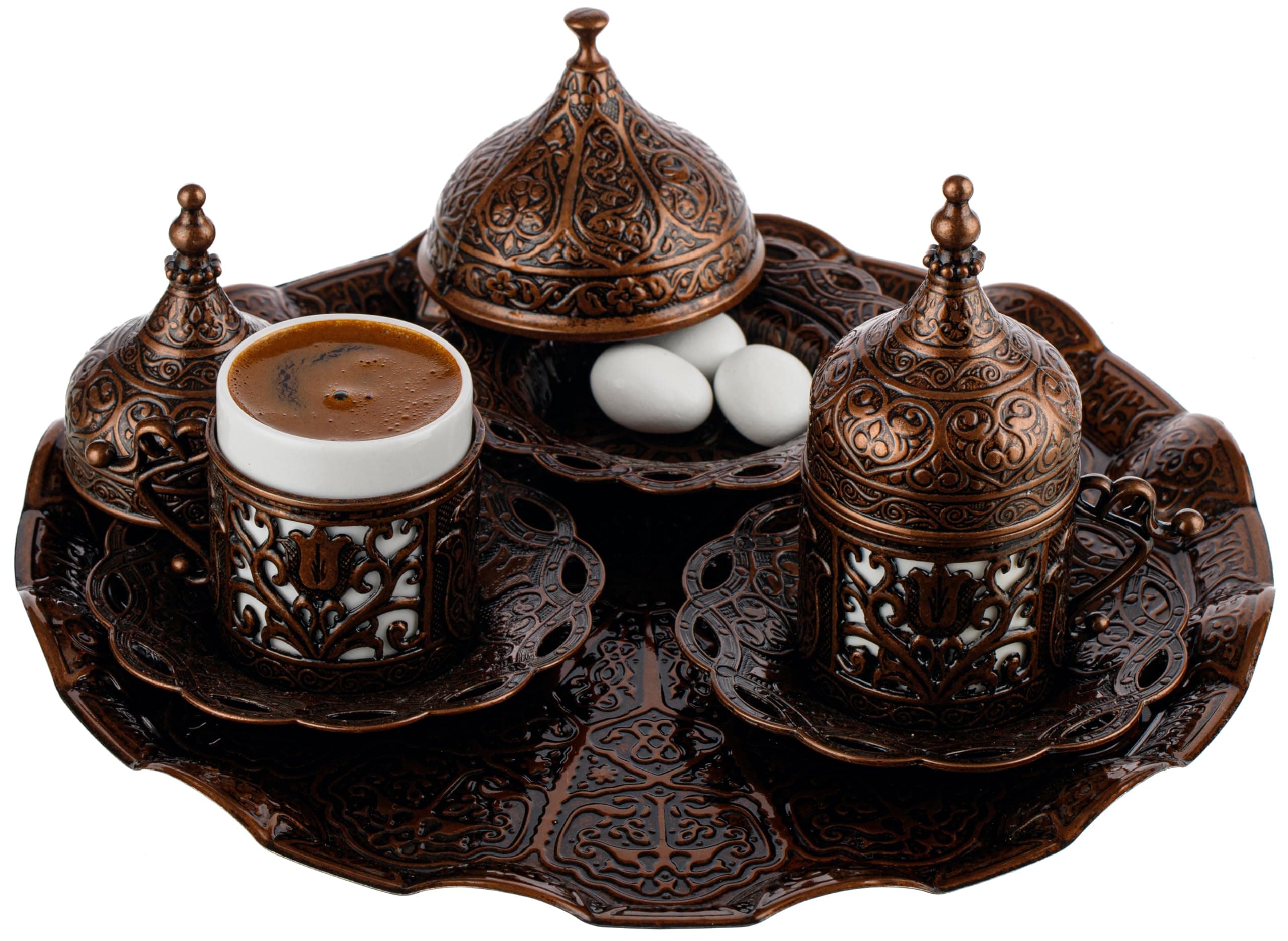 Turkish Coffee Serving Set for Two – Hand-Decorated Cups with Saucers, Lids, Sugar Bowl and Ornate Tray – Authentic Gift Set Made in Turkey (Antique)