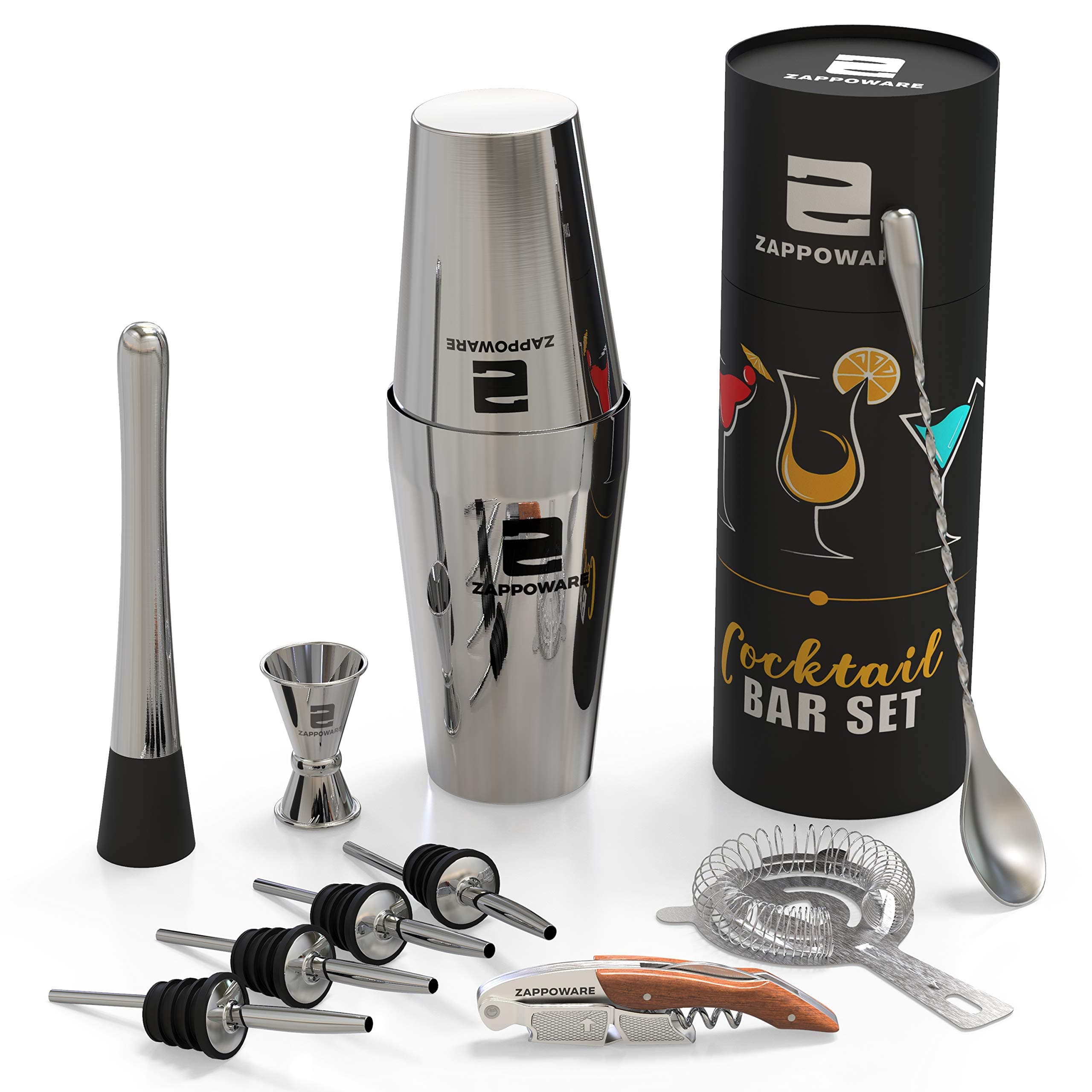 ZAPPOWARE Bartender Set with Boston Cocktail Shaker – Ideal even as Home Bar Tool Kit – Stainless Steel