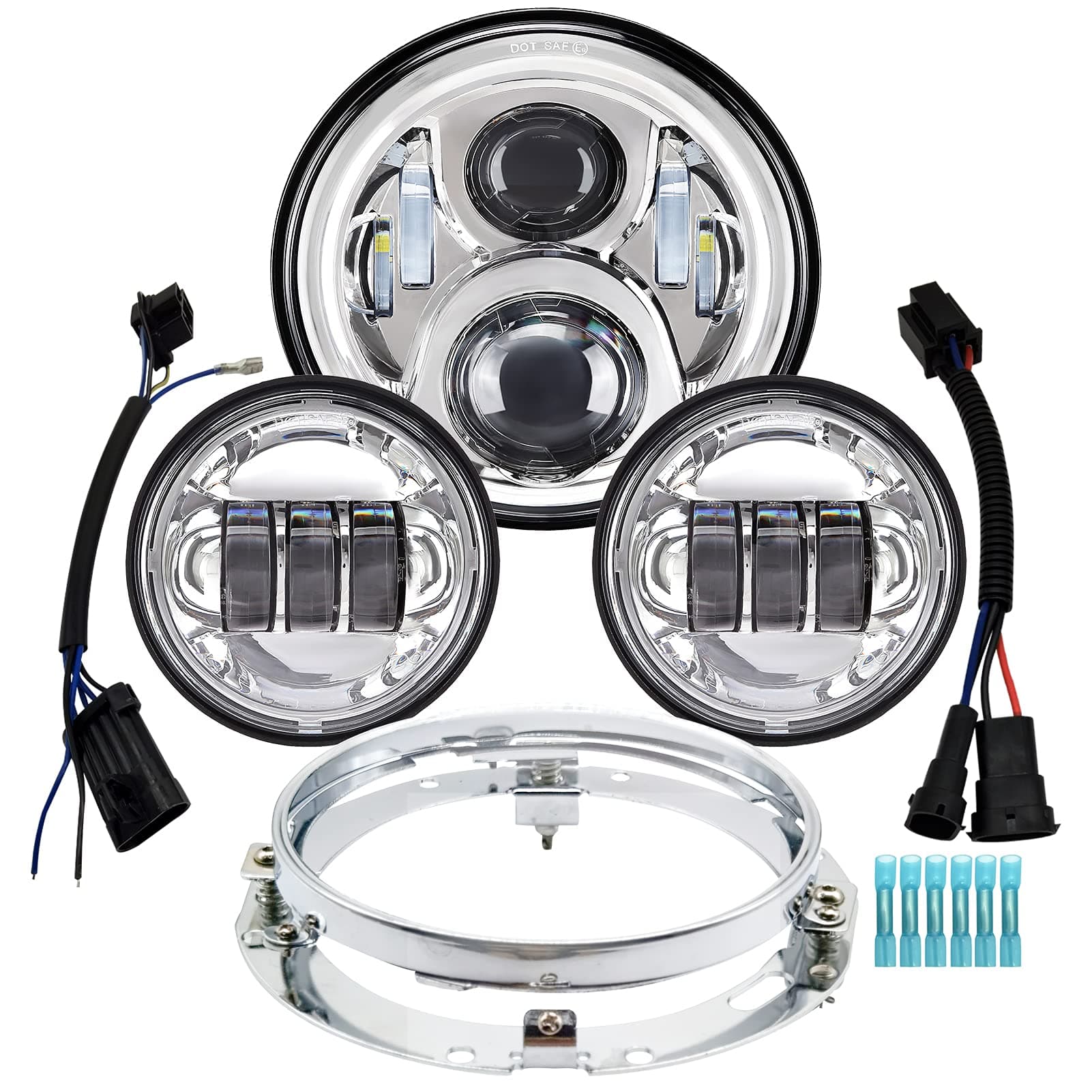 7 inch Motorcycle LED Headlight 4.5" Fog Passing Lights DOT Kit Compatible with Harley Davidson Fat Boy Street Glide Heritage Softail Road King Switchback Electra Glide Ultra Classic Chrome
