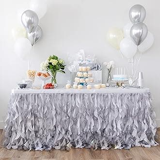 Bluekate Grey Silver Table Skirt. 9ft Table Skirt with Double Layer Organza! Rustic Wedding Decorations, Chanel Party, Graduation, Elephant Baby Shower. Tutu Table Skirts for Rectangle Tables 9ft