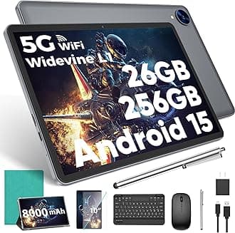 Android 15 Tablet with Keyboard, 26GB RAM, 256GB ROM(2TB Expand), 10.1 inch Octa-Core Tablets, 5G/2.4G WiFi, 8000mAh Battery, BT 5.0, GMS Certified, with Mouse, Case, Stylus (Light Green Case)