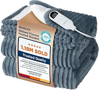 Electric Blanket Twin - Soft Ribbed Flannel Heated Blanket, Heating Blanket with 10 Time Settings, 6 Heat Settings, and 8 hrs Timer Auto Shut Off (62x84 inches, Grey)