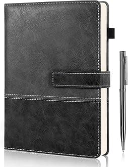 Leather Notebook Journal with Pen, A5 Lined Hardcover Notebook with Magnetic Closure, 240 Pages Daily Journal for Men Women, Ruled Journals Notebooks for Work, Writing, Note Taking - Black