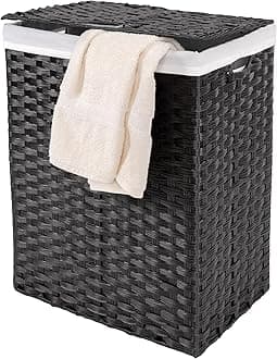 Seville Classics Premium Handwoven Portable Laundry Bin Basket with Carrying Handles, Household Storage for Clothes, Linens, Sheets, Black, Rectangular Hamper
