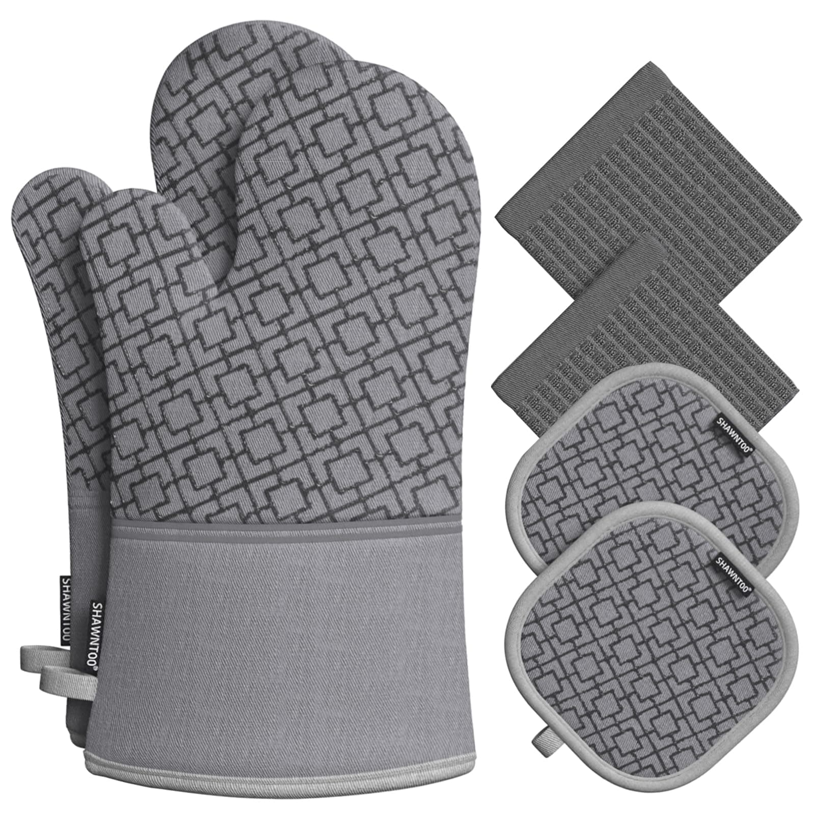 Oven Mitts and Pot Holders Sets 6pcs, Kitchen Oven Glove,High Heat Resistant 550 Degree Extra Long Oven Mitts and Potholders with Non-Slip Silicone Surface for Home Essentials (Grey) (Gray)