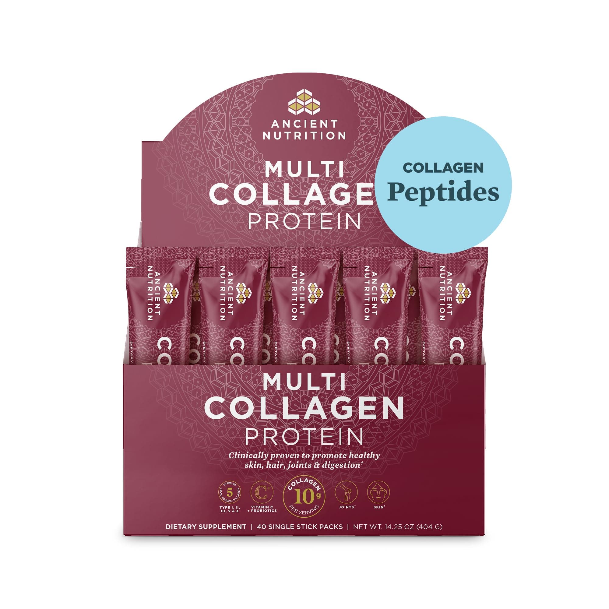 Ancient Nutrition, Multi Collagen Protein Powder with 10 Types of Collagen, Vitamin C & 2 Billion Colony-Forming Units (CFUs) Probiotics, Single Serve Packs, Unflavored