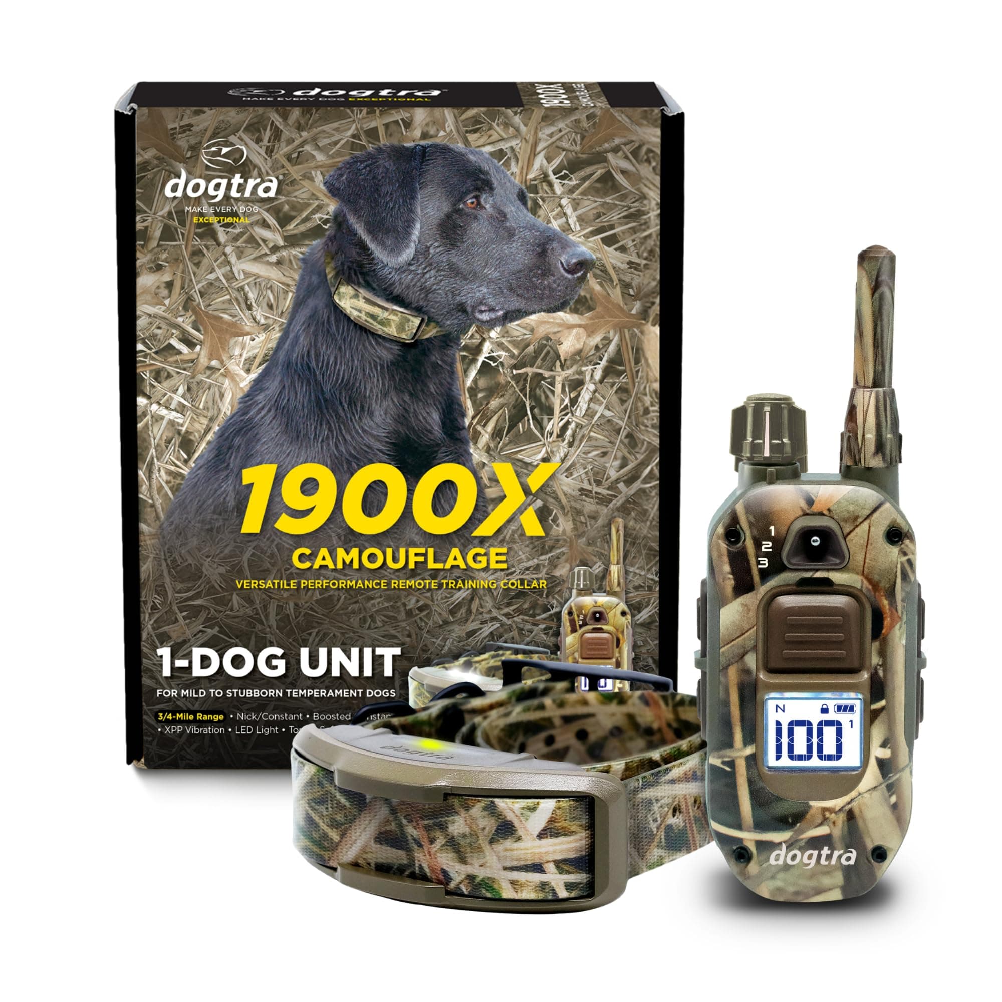 1900X Camouflage E-Collar - 3/4 Mile Range, Dogs 45 lbs+, IPX9K Waterproof, 100 Stimulation Levels, Vibration, Tone, Rechargeable - Ideal for Dog Owners and Professional Trainers